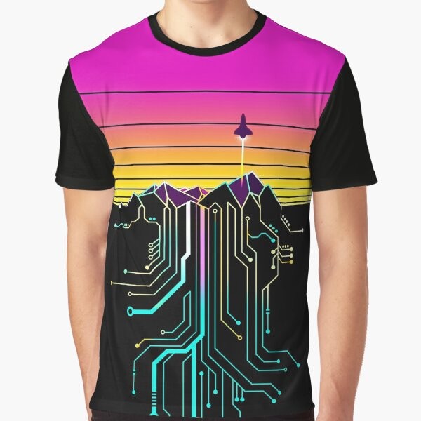 Synthwave mountain sunrise graphic design printed on a t-shirt