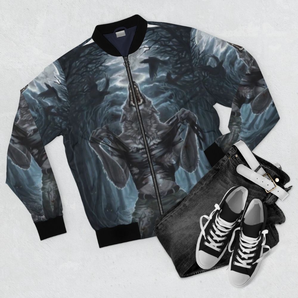 Werewolf ripping through a shirt, scary monster design for a bomber jacket - Flat lay