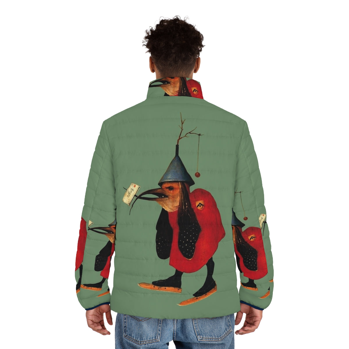 Hieronymus Bosch inspired puffer jacket with bird messenger design - men back