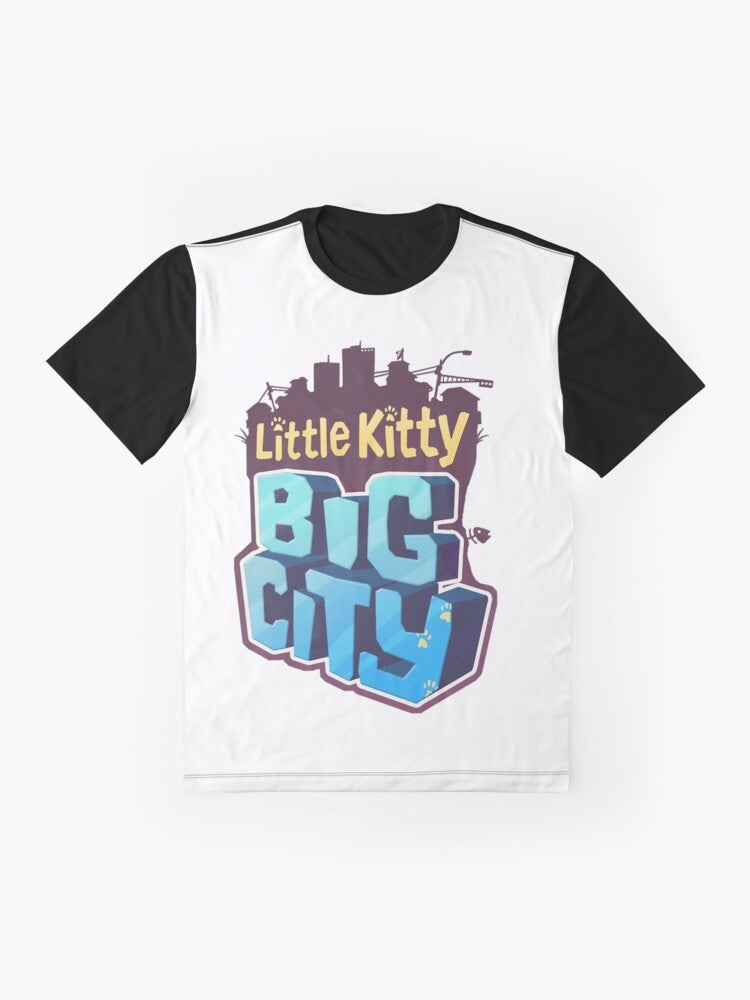 Little Kitty exploring the Big City in an adventure video game graphic t-shirt design - Flat lay