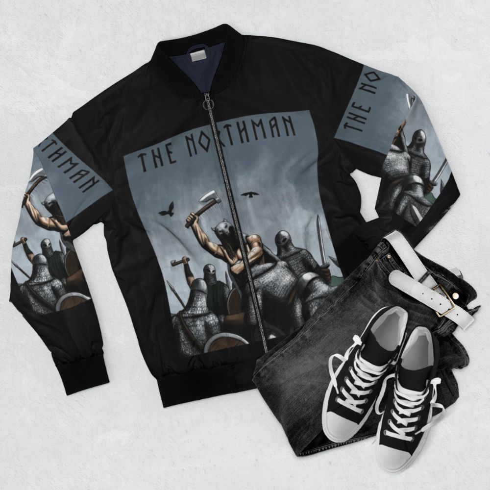 The Northman Limited Edition Bomber Jacket featuring Viking themes and graphics - Flat lay