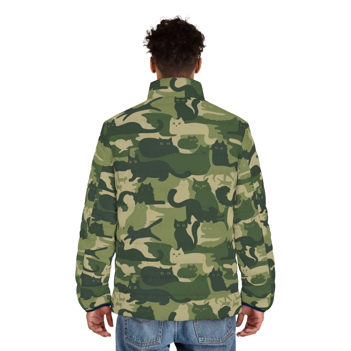 Army green camouflage puffer jacket with funny cat silhouette pattern - men back