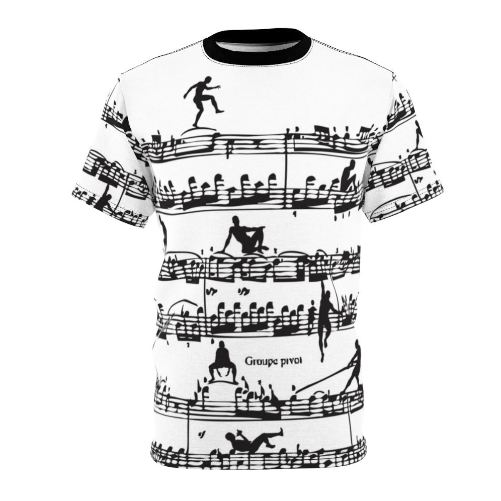 Vintage-inspired graphic t-shirt featuring a silhouette design of the classical composer Mozart with musical notes and a retro, hipster style.