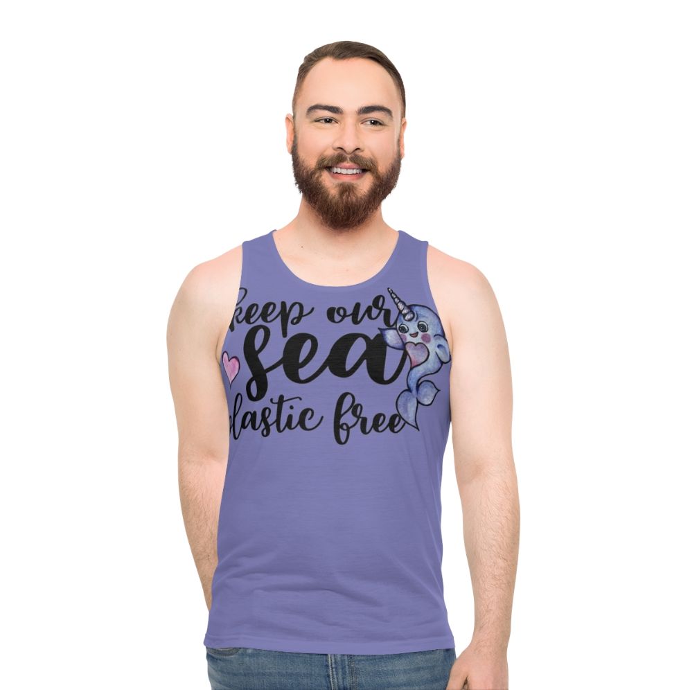 Unisex tank top with a narwhal design promoting ocean conservation and plastic-free initiatives - men