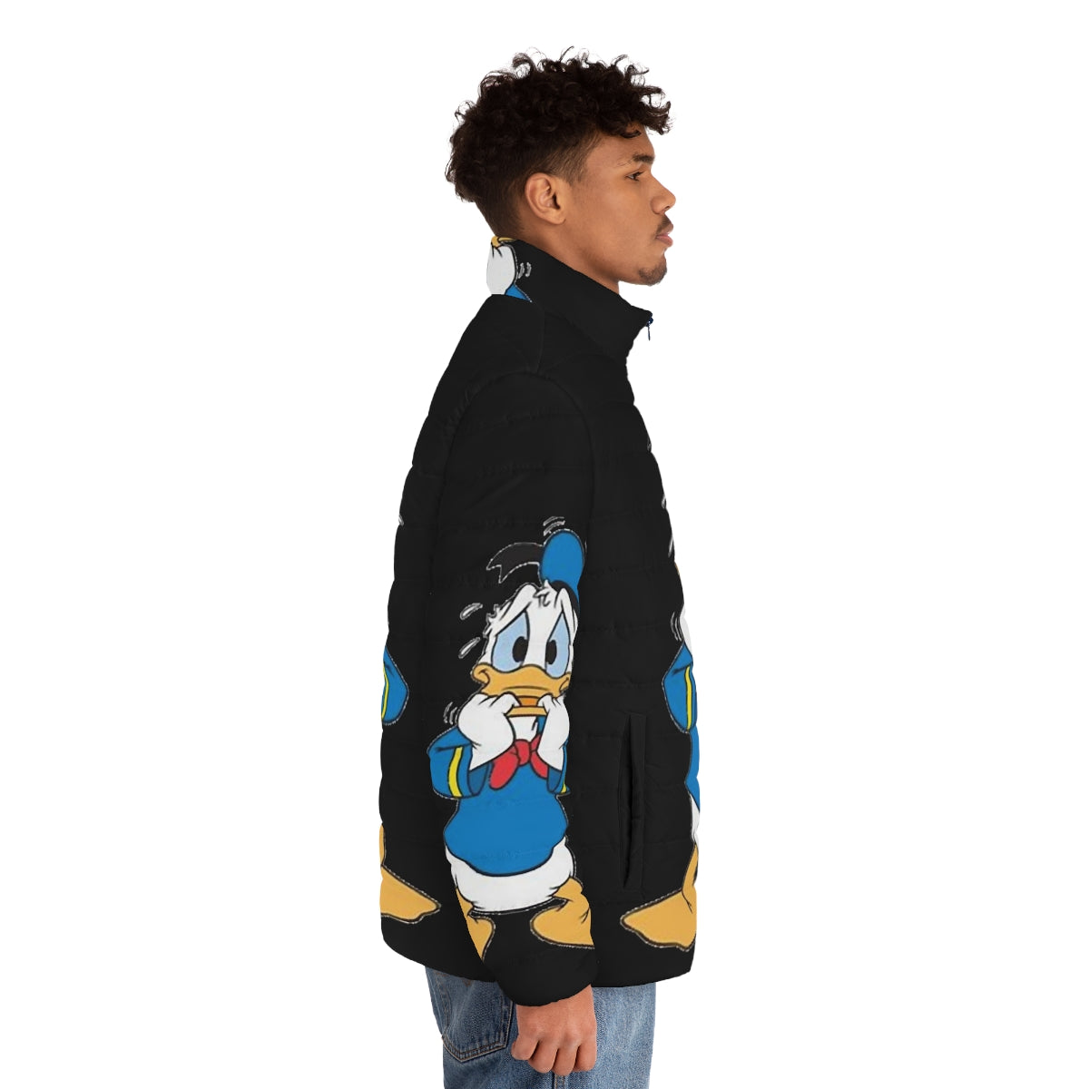 Amusing Donald Duck-inspired puffer jacket with cartoon graphics - men side right