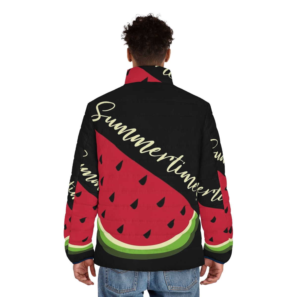 Watermelon design black puffer jacket - men back