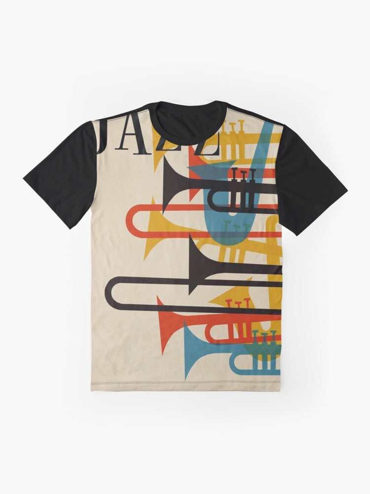 Vintage jazz-inspired graphic t-shirt with saxophone, trumpet, and facemask design for COVID-19 protection. - Flat lay