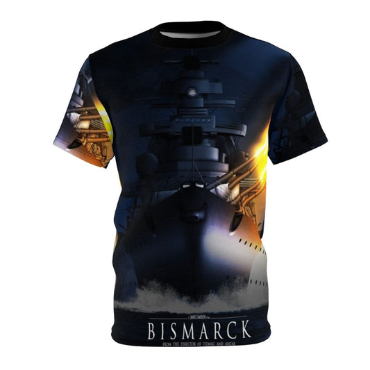 Detailed WWII battleship Bismarck artwork on a quality AOP t-shirt