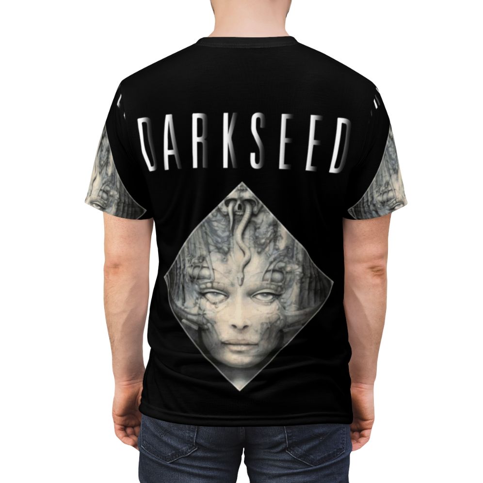 Biomechanical dark seed inspired retro gaming t-shirt - men back