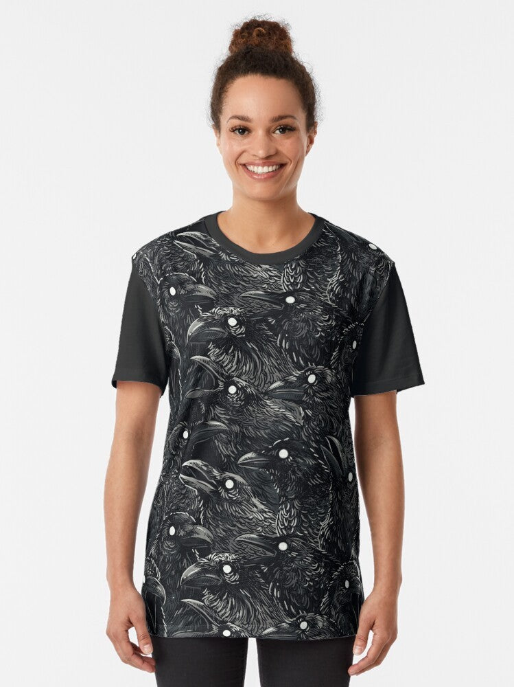 Raven pattern graphic t-shirt with a flock of dark birds and a spooky, gothic design - Women