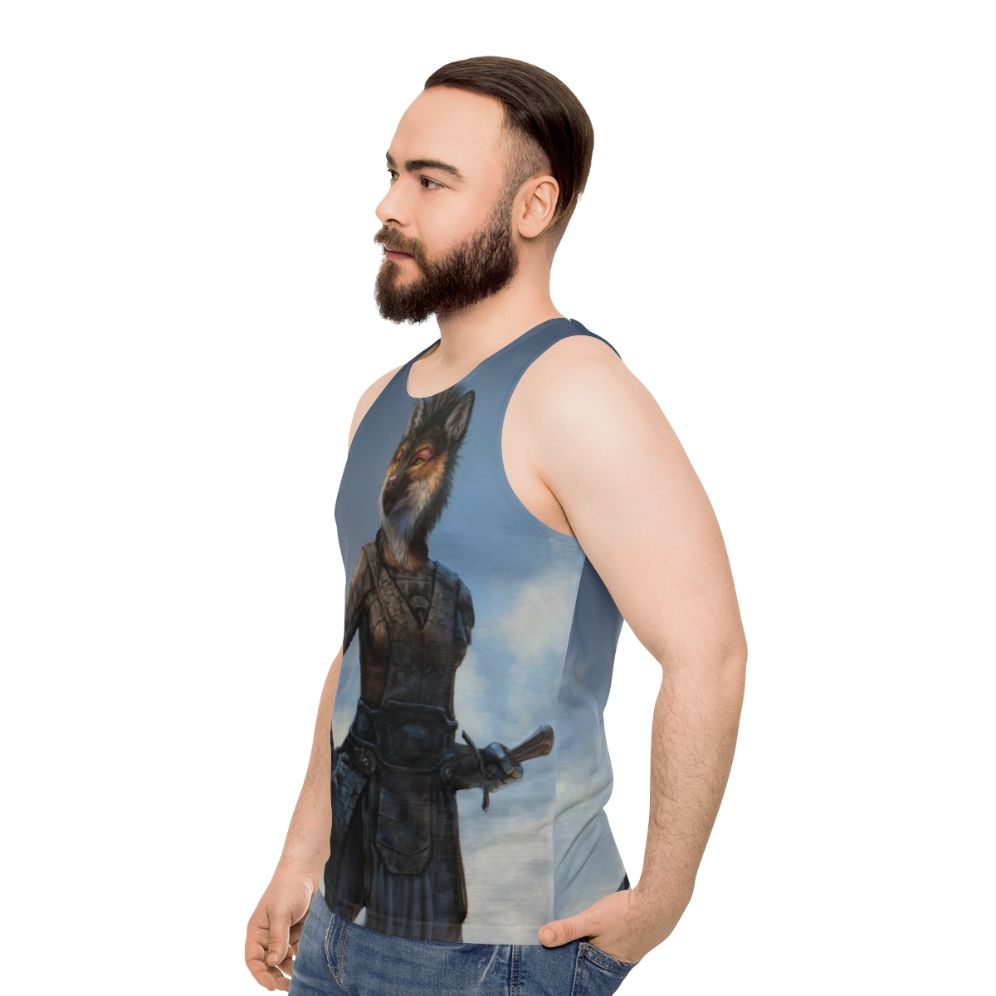 Unisex tank top with anthro canine warrior design - men side