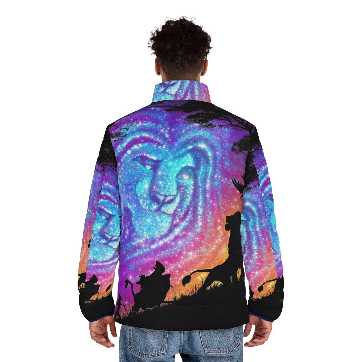 Model wearing a puffer jacket with a Lion King inspired design featuring Mufasa, Simba, Timon, and Pumba - men back