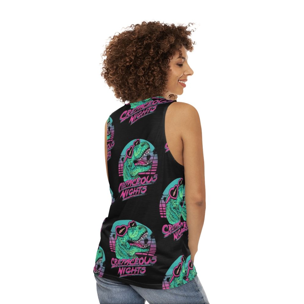 Tyrannosaurus rex dinosaur graphic on a retro-style unisex tank top - women back