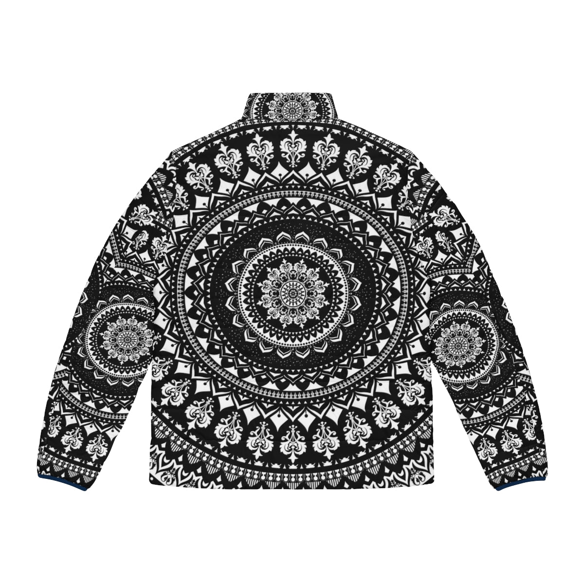 Mandala Monochrome Puffer Jacket with Celestial and Cosmic Design - Back