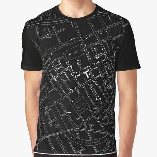 John Snow's famous cholera map graphic t-shirt in white on black background