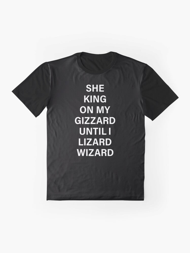 Funny t-shirt design with a lizard wizard and the text "She King on My Gizzard Until I Lizard Wizard" - Flat lay