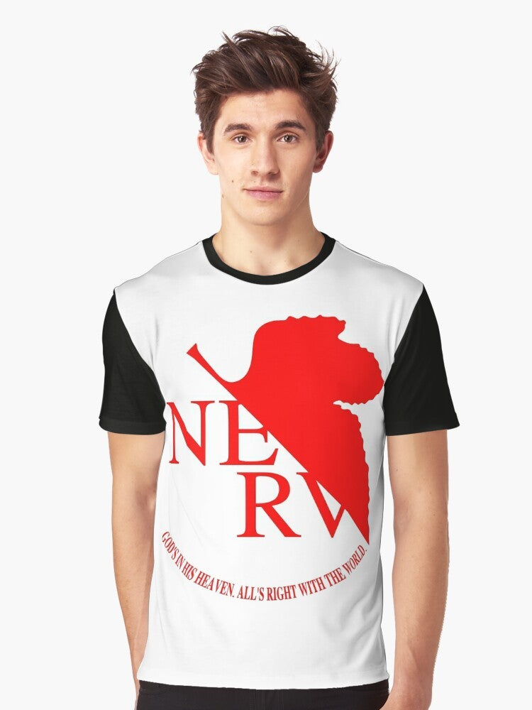 Nerv Logo Neon Genesis Evangelion Graphic T-Shirt featuring characters Asuka Langley, Shinji Ikari, and Rei Ayanami - Men