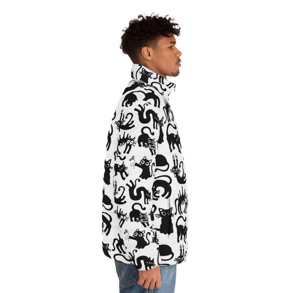 Cozy cat puffer jacket in a simple black and white lineart pattern - men side right