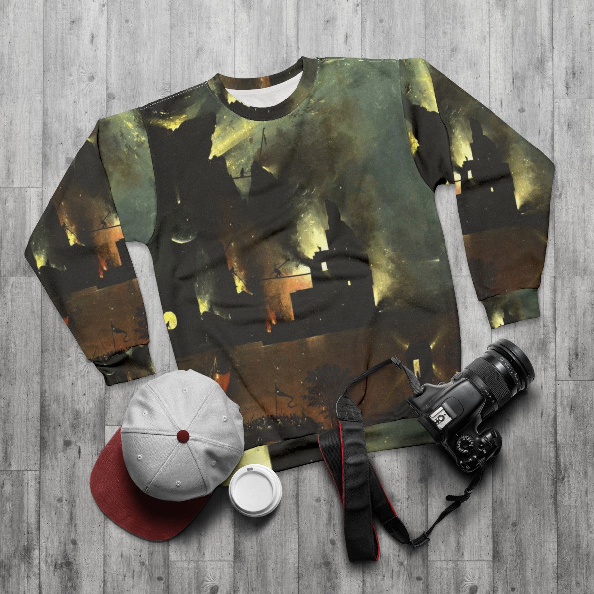 Hieronymus Bosch "Hell" Sweatshirt featuring surreal religious art - flat lay