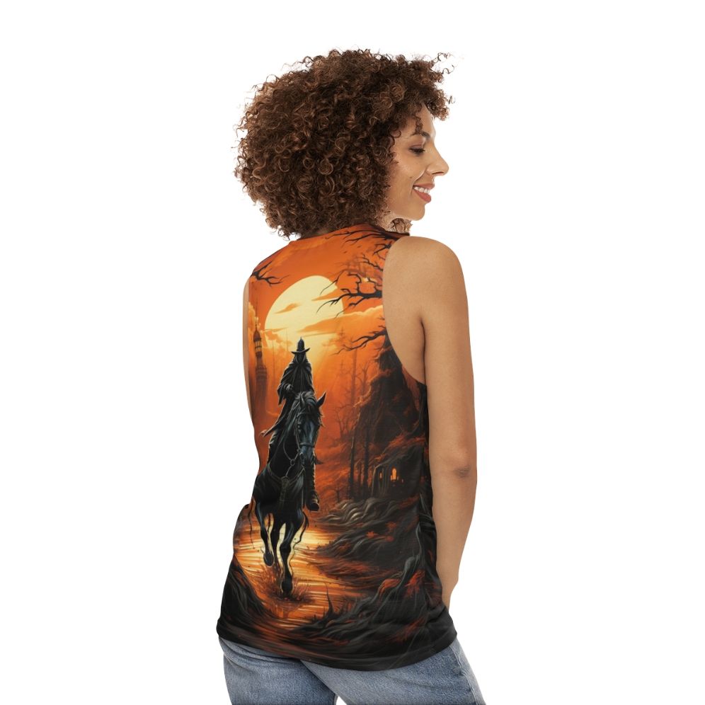 Unisex tank top with ghostly headless horseman design - women back