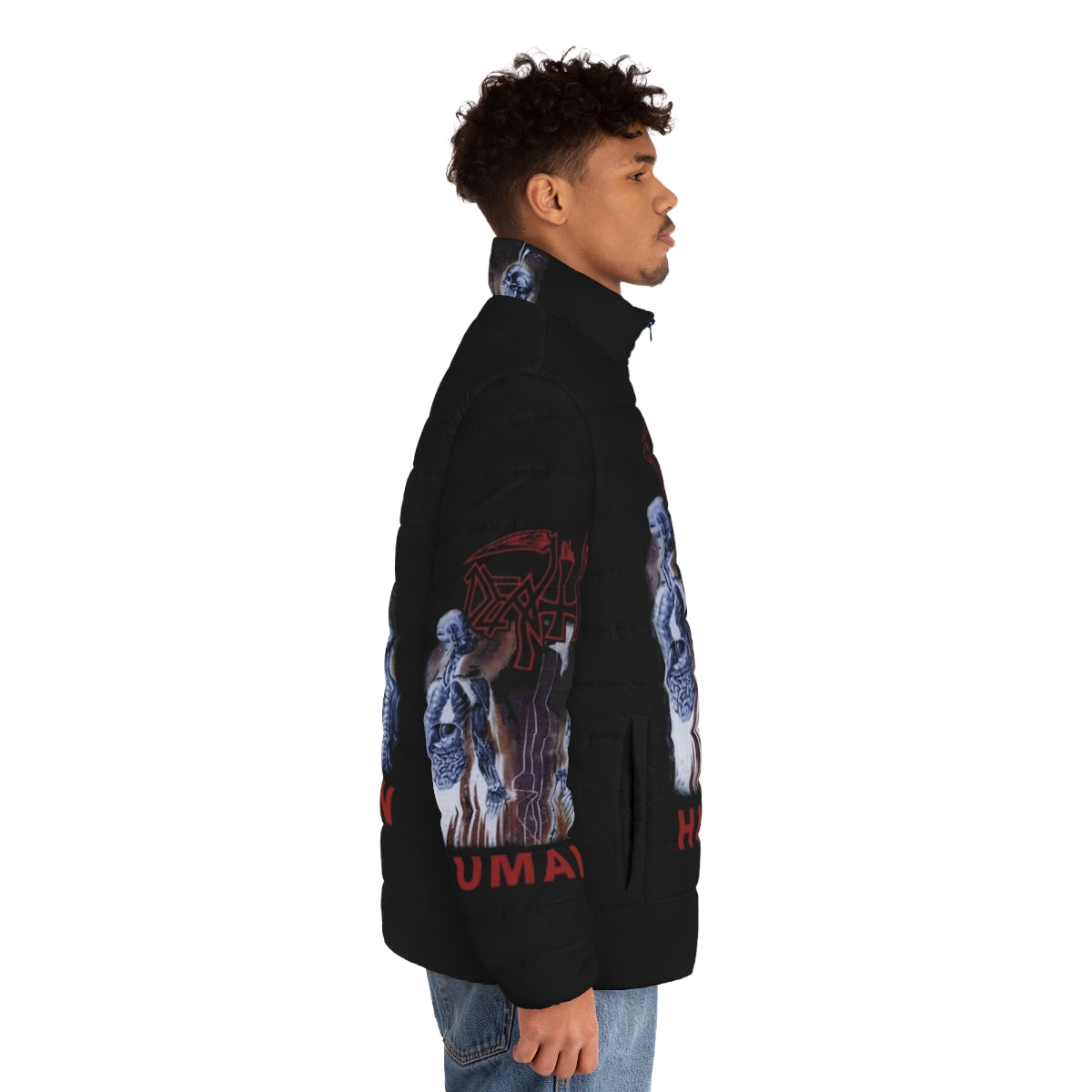 Death Metal Puffer Jacket featuring a bold graphic design - men side right