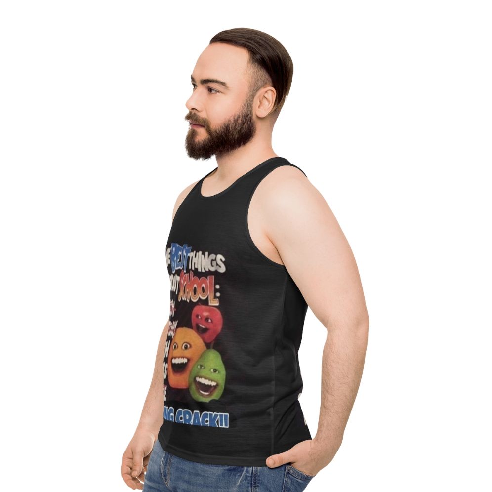 Annoying Orange inspired unisex tank top with a humorous school-themed graphic - men side