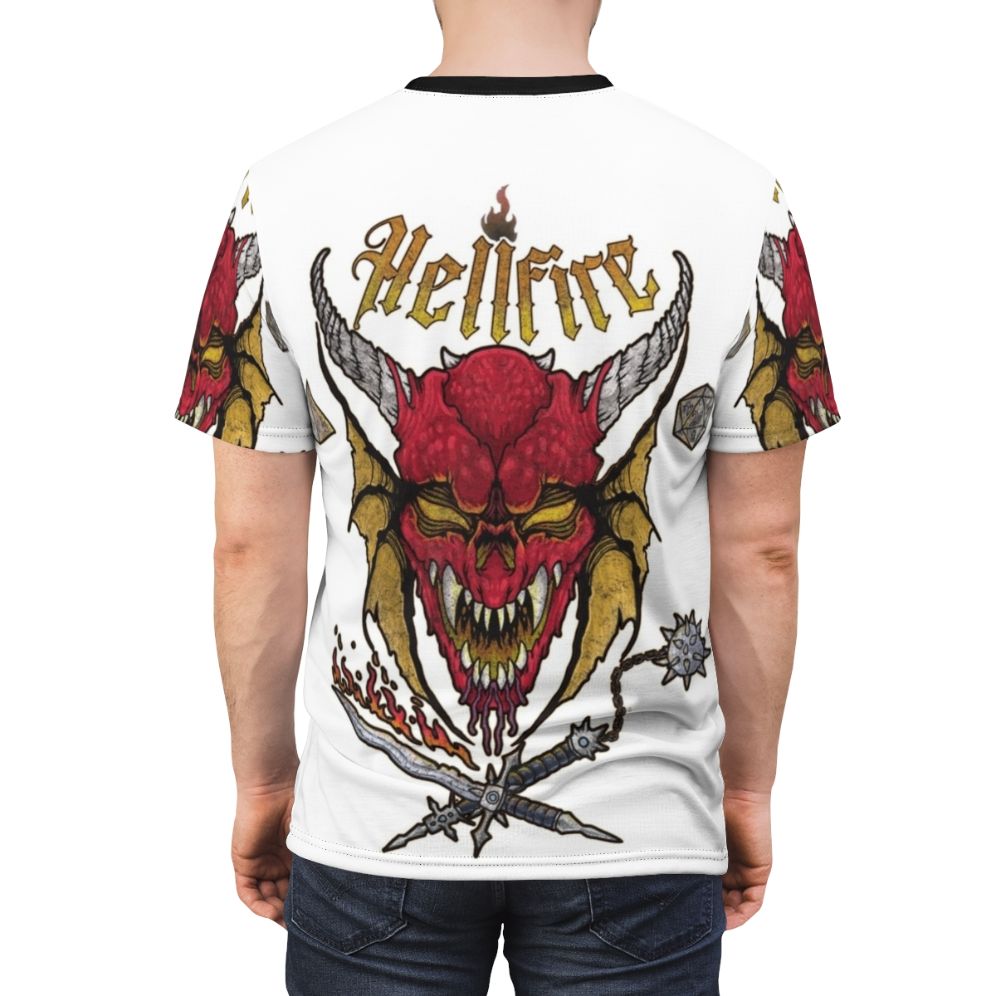 A high-quality all-over print t-shirt featuring a Stranger Things inspired Hellfire Club design. - men back