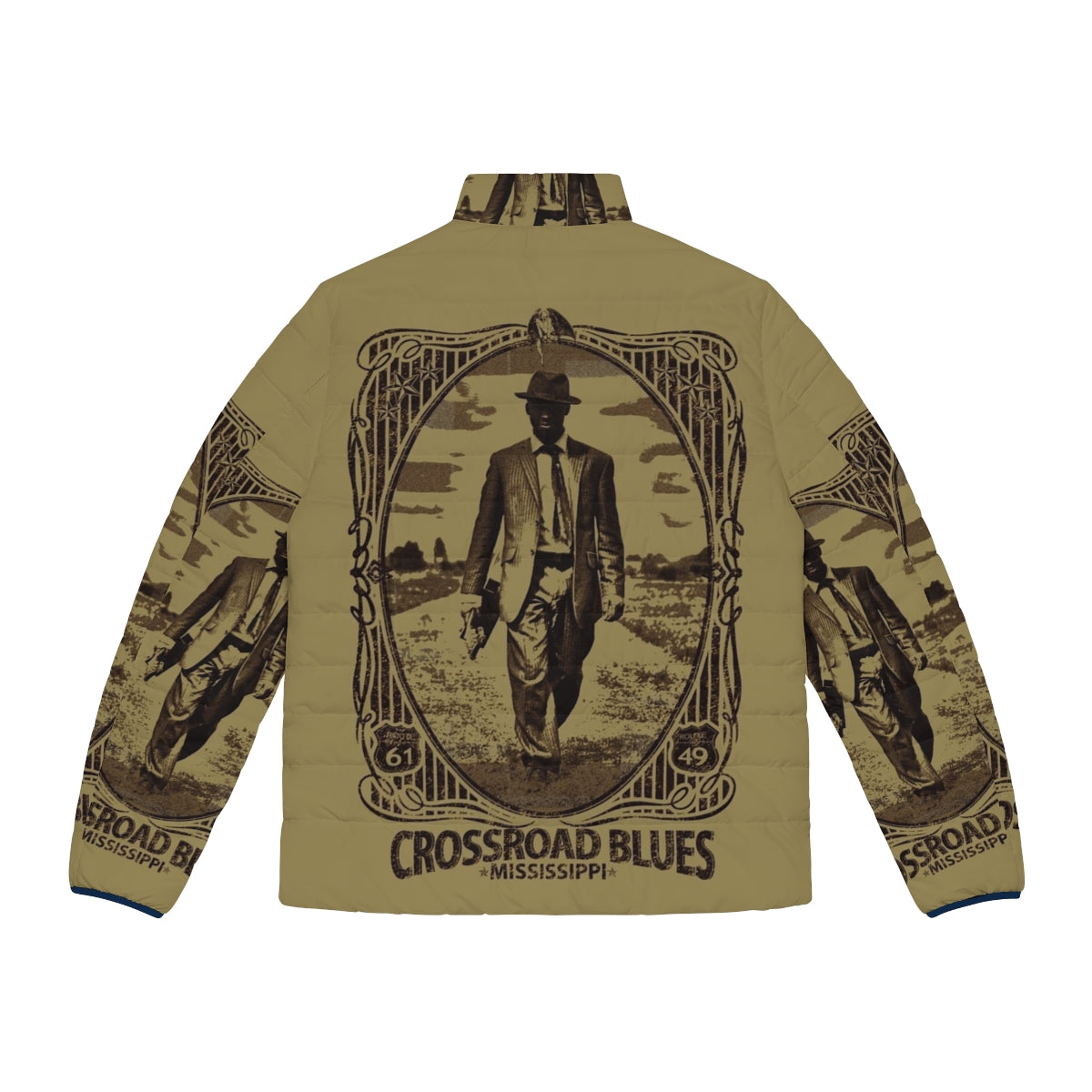 Crossroad Blues Puffer Jacket featuring Robert Johnson and Muddy Waters inspired design - Back