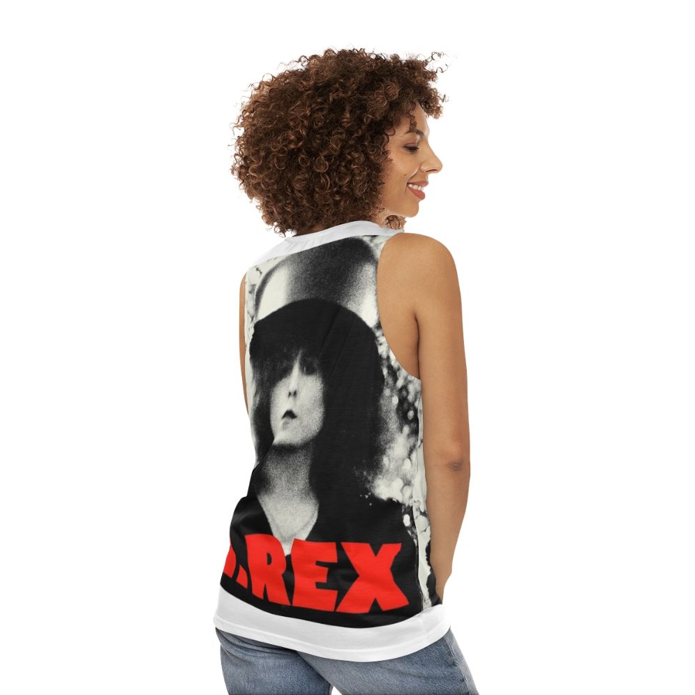 T-Rex Unisex Tank Top featuring the iconic dinosaur design - women back