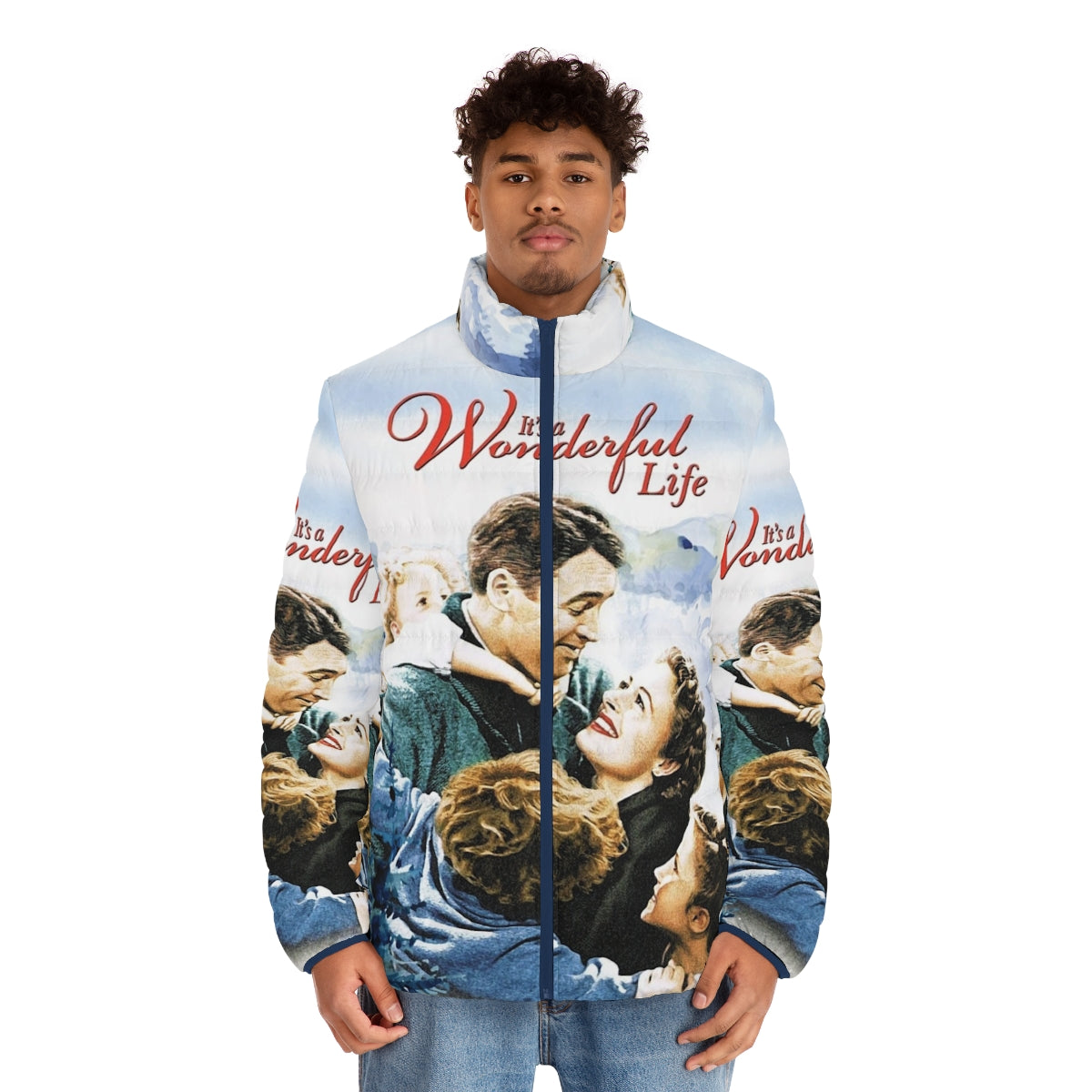 Cozy puffer jacket featuring a scenic winter landscape from the classic Christmas movie 'It's a Wonderful Life' - men front