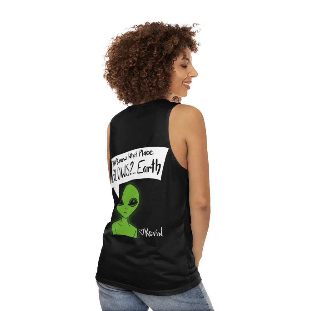 Unisex tank top with earth-themed design and pop culture references - women back