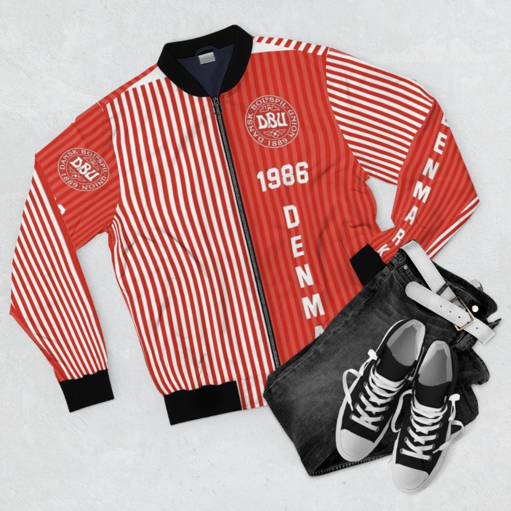 Denmark 1986 Retro Football Bomber Jacket with Classic World Cup Design - Flat lay