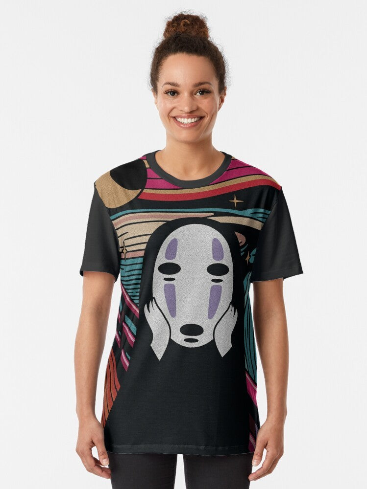 A graphic t-shirt with a design inspired by the iconic "The Scream" painting and the beloved anime film "Spirited Away" from Studio Ghibli. - Women