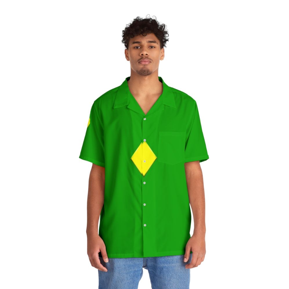 Vibrant Yellow Diamond Hawaiian Shirt with Superhero Comic Book Motif - People Front