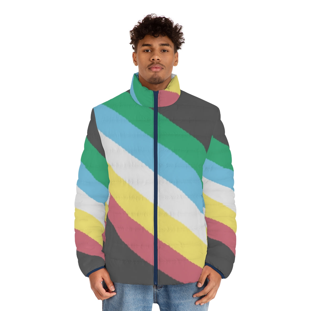 Disability Pride Flag Puffer Jacket with bold, colorful disability pride flag design - men front