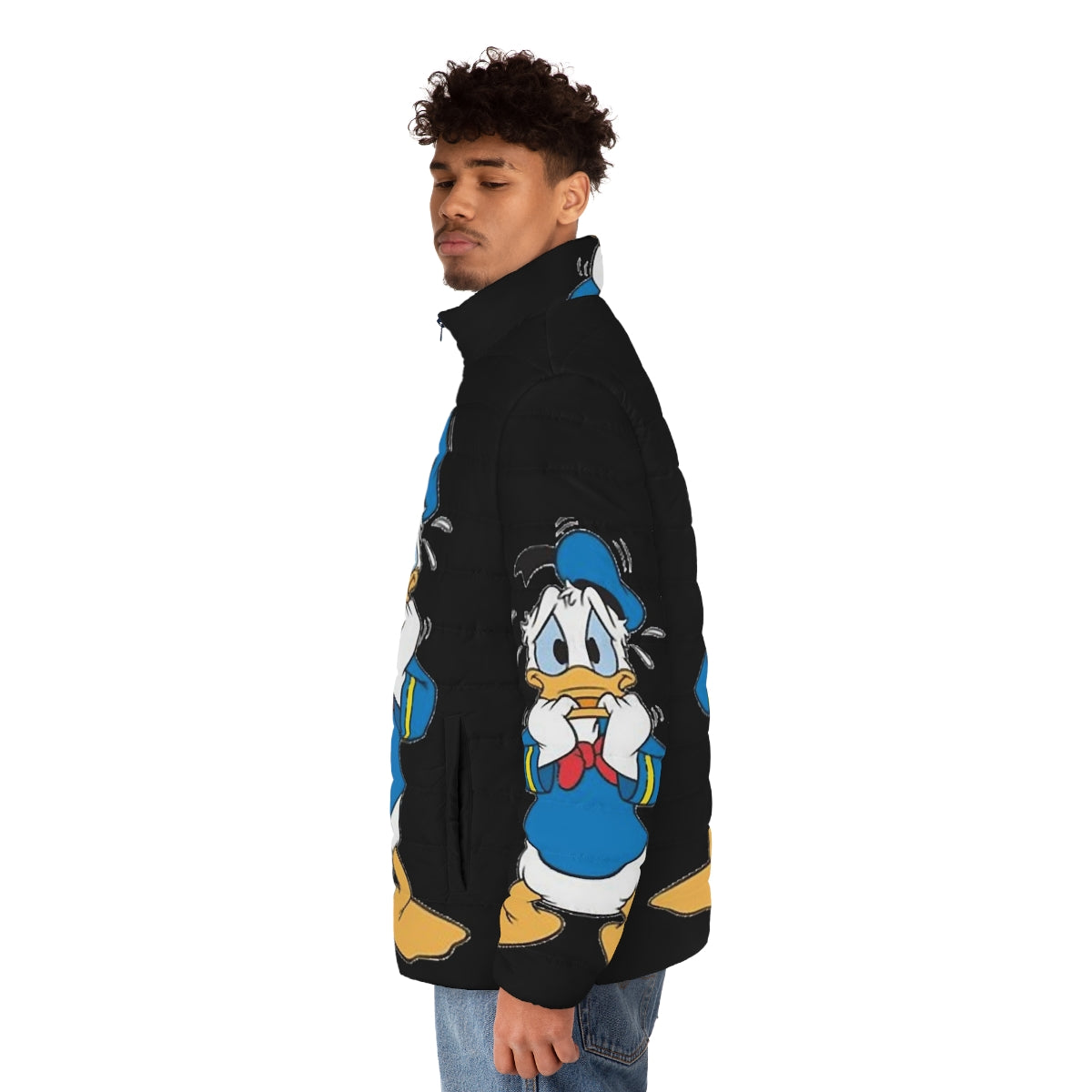 Amusing Donald Duck-inspired puffer jacket with cartoon graphics - men side left