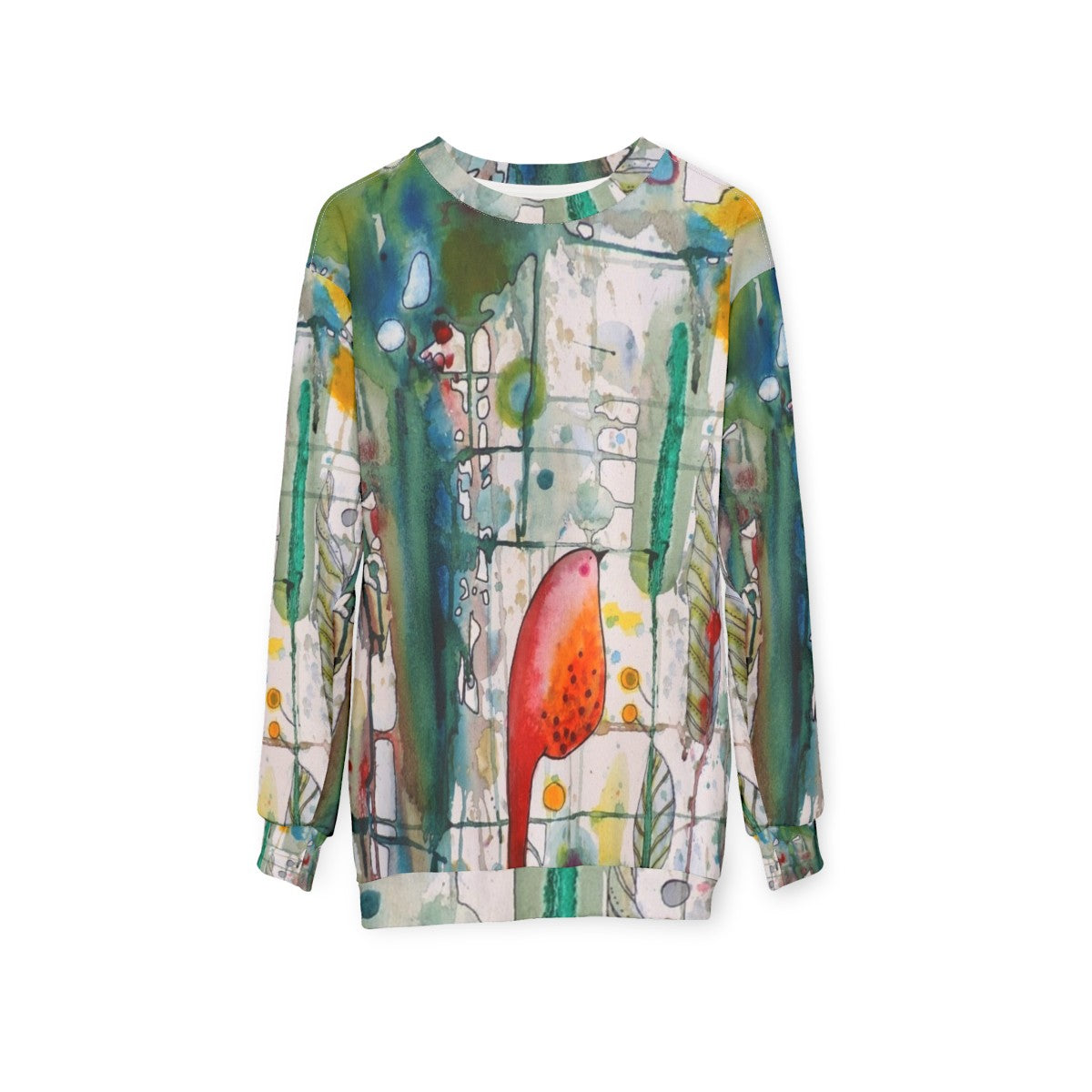 Watercolor bird sweatshirt with forest leaves and feathers - hanging