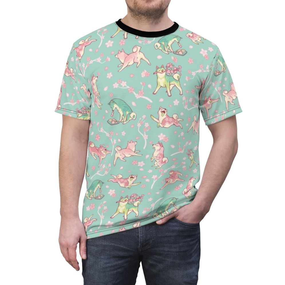 Shiba inu-inspired t-shirt with a sakura and matcha-themed floral pattern in mint green - men front