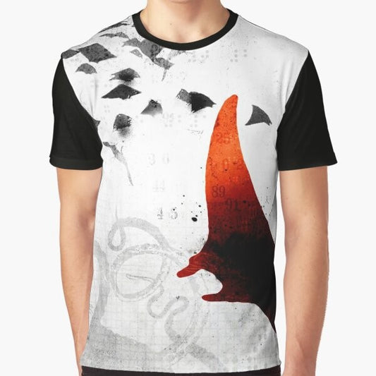 A minimalist graphic t-shirt design featuring a gritty, collage-style manta ray swimming in the deep blue sea.