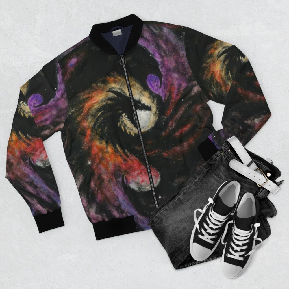 Dragon galaxy bomber jacket with space-themed scratchboard art design - Flat lay