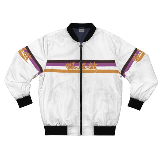 A nonbinary pride bomber jacket featuring a colorful LGBTQ+ flag design.