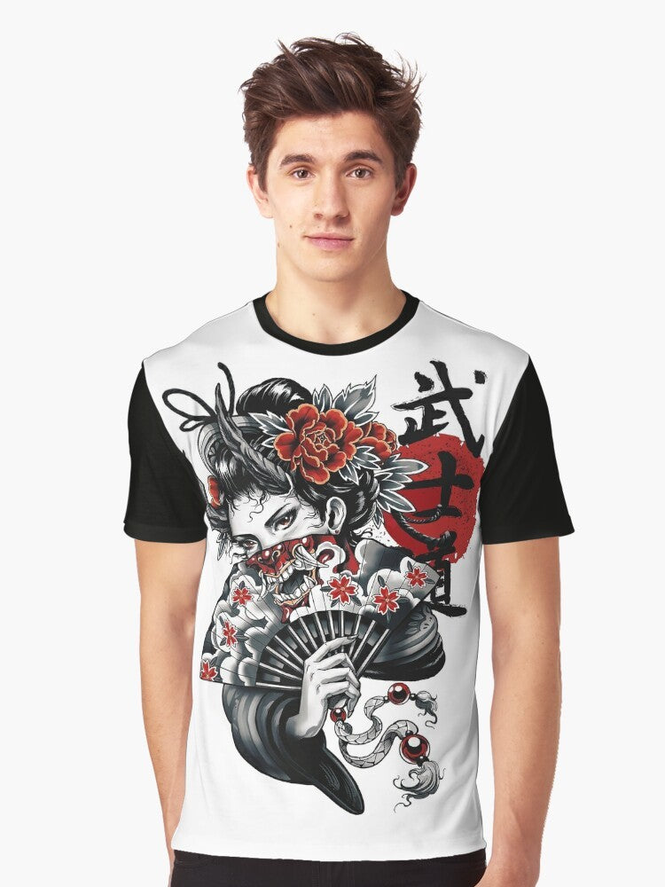 Geisha Vaporwave Cyberpunk Graphic T-Shirt with Japanese Pop Art and Urban Style Design - Men