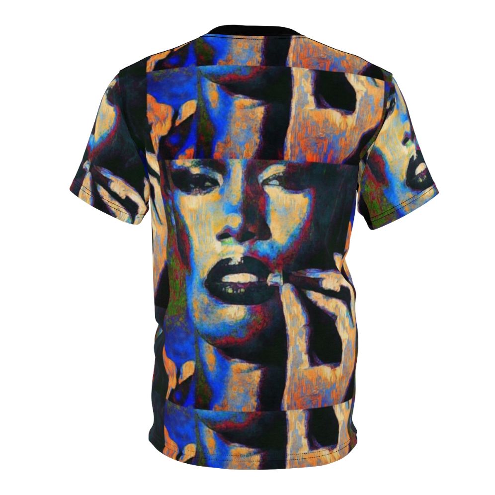 Graphic t-shirt featuring a colorful portrait illustration of music icon Grace Jones - Back