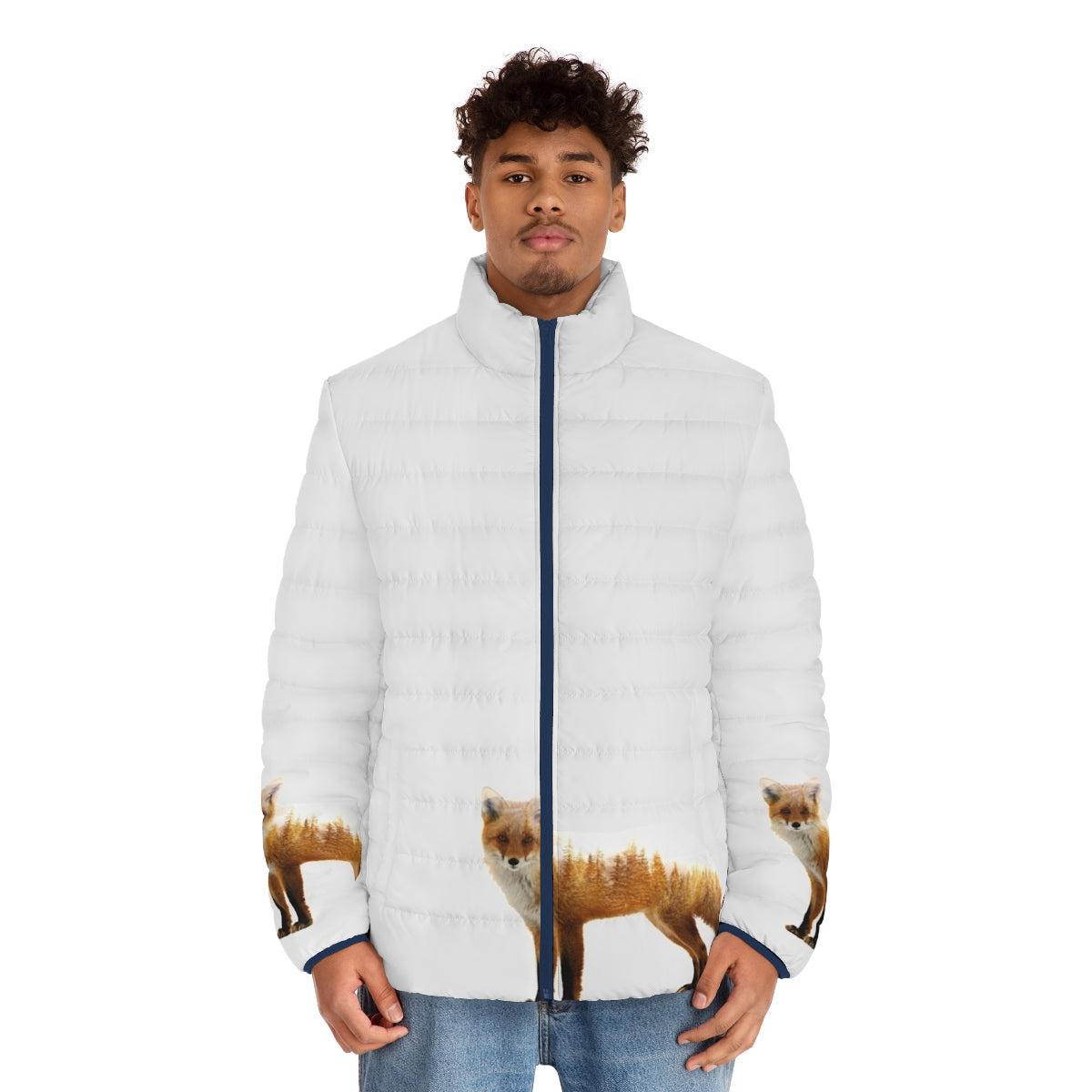 A puffer jacket featuring a double exposure design of a majestic forest fox - men front