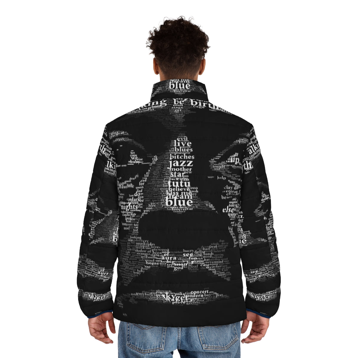 A beautiful puffer jacket featuring a jazz music inspired design, perfect for the holiday season. - men back