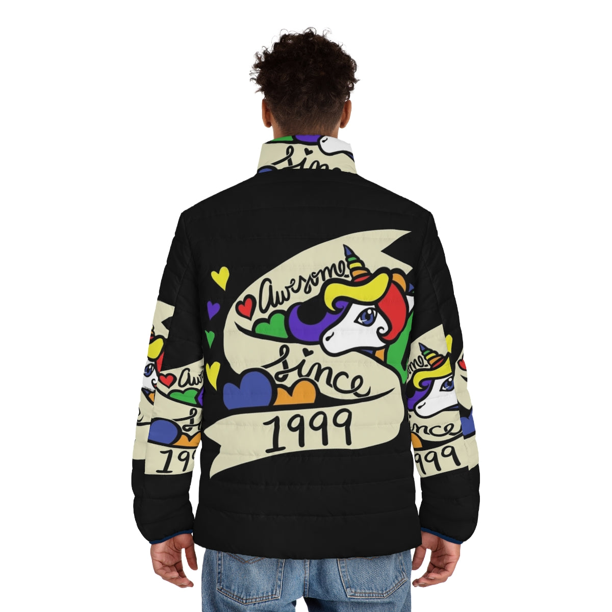 Unicorn puffer jacket with "Awesome Since 1999" text - men back