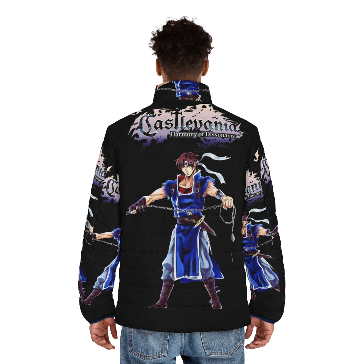 Castlevania Puffer Jacket featuring Alucard, Belmont, and Sypha character designs - men back