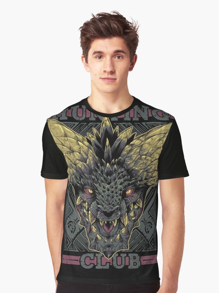 Nergigante, the Elder Dragon from Monster Hunter World, featured on a Hunting Club graphic t-shirt - Men