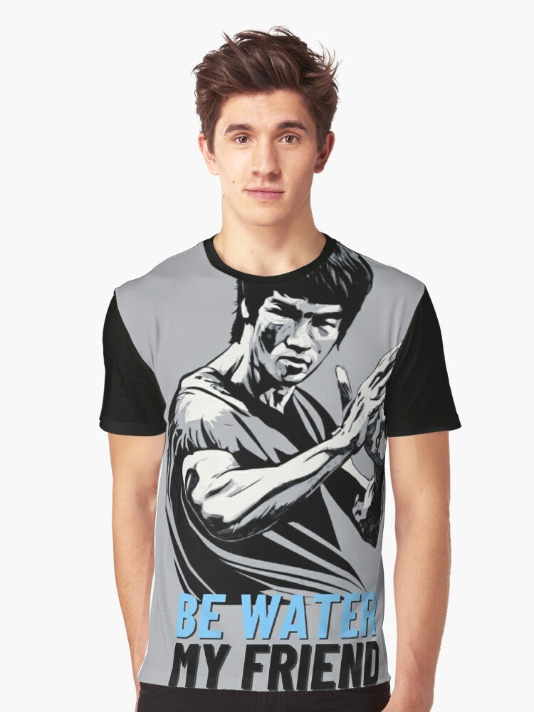 Bruce Lee "Be Water" Graphic T-Shirt featuring the quote "Be water, my friend" and a minimalist water droplet design - Men