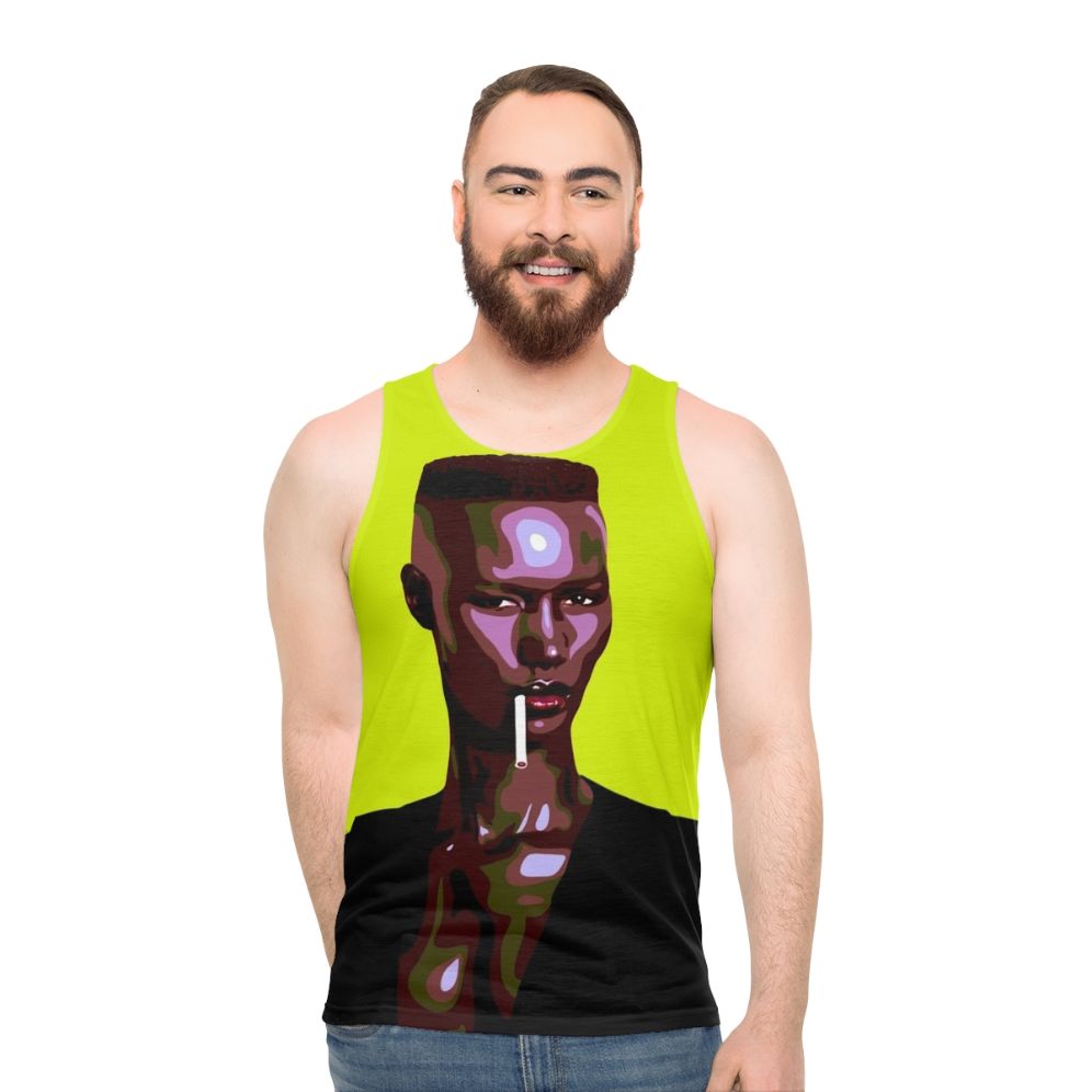 Iconic 80s leatherette tank top with stylized pop art portrait - men